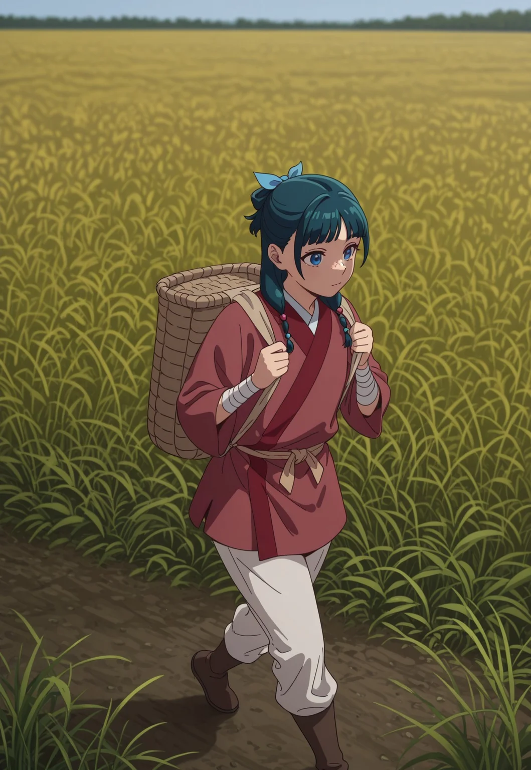 masterpiece, best quality, amazing quality, very aesthetic, absurdres, dynamic angle, ultra-detailed, highly detailed, cinematic lighting, realistic shading, intricate details, soft lighting, high contrast, depth of field, perspective, full body, outdoors, day, field, ADHomeMao2, 1girl, green hair, blue eyes, freckles, flat chest, defaulthairstyle, low twintails, half updo, hair beads, blue hair bow, hair over shoulder, official alternate costume, red happi, long sleeves, red waist sash, white pants, brown boots, bandaged arm, field, basket backbag, holding straps, walking, bandaged arm,