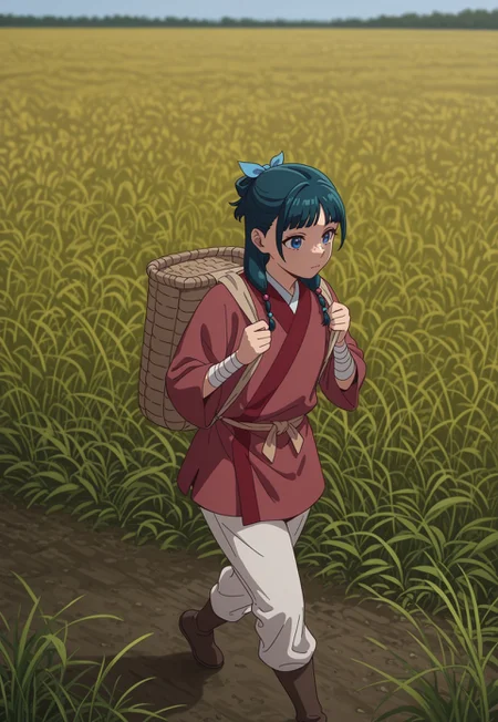 masterpiece, best quality, amazing quality, very aesthetic, absurdres, dynamic angle, ultra-detailed, highly detailed, cinematic lighting, realistic shading, intricate details, soft lighting, high contrast, depth of field, perspective, full body, outdoors, day, field, ADHomeMao2, 1girl, green hair, blue eyes, freckles, flat chest, defaulthairstyle, low twintails, half updo, hair beads, blue hair bow, hair over shoulder, official alternate costume, red happi, long sleeves, red waist sash, white pants, brown boots, bandaged arm, field, basket backbag, holding straps, walking, bandaged arm,