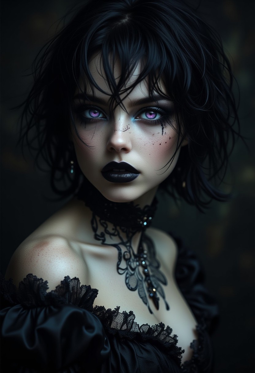 8k, masterpiece, best quality, highly detailed, hyper-realistic, A hyper-realistic portrait of a stunning supermodel, featuring a beautifully detailed face with captivating eyes and a serene expression, goth dress, frilled dress, large breasts, short hair, messy hair, black hair, hair between eyes, dead eyes, soulless eyes, purple eyes, goth makeup, black lipstick, masterpiece, best quality, amazing quality, very aesthetic, high resolution, ultra-detailed, dark background, dynamic lighting, photorealistic detail, detailed face, detailed eyes, detailed hair, depth of field, scenery, volumetric lighting