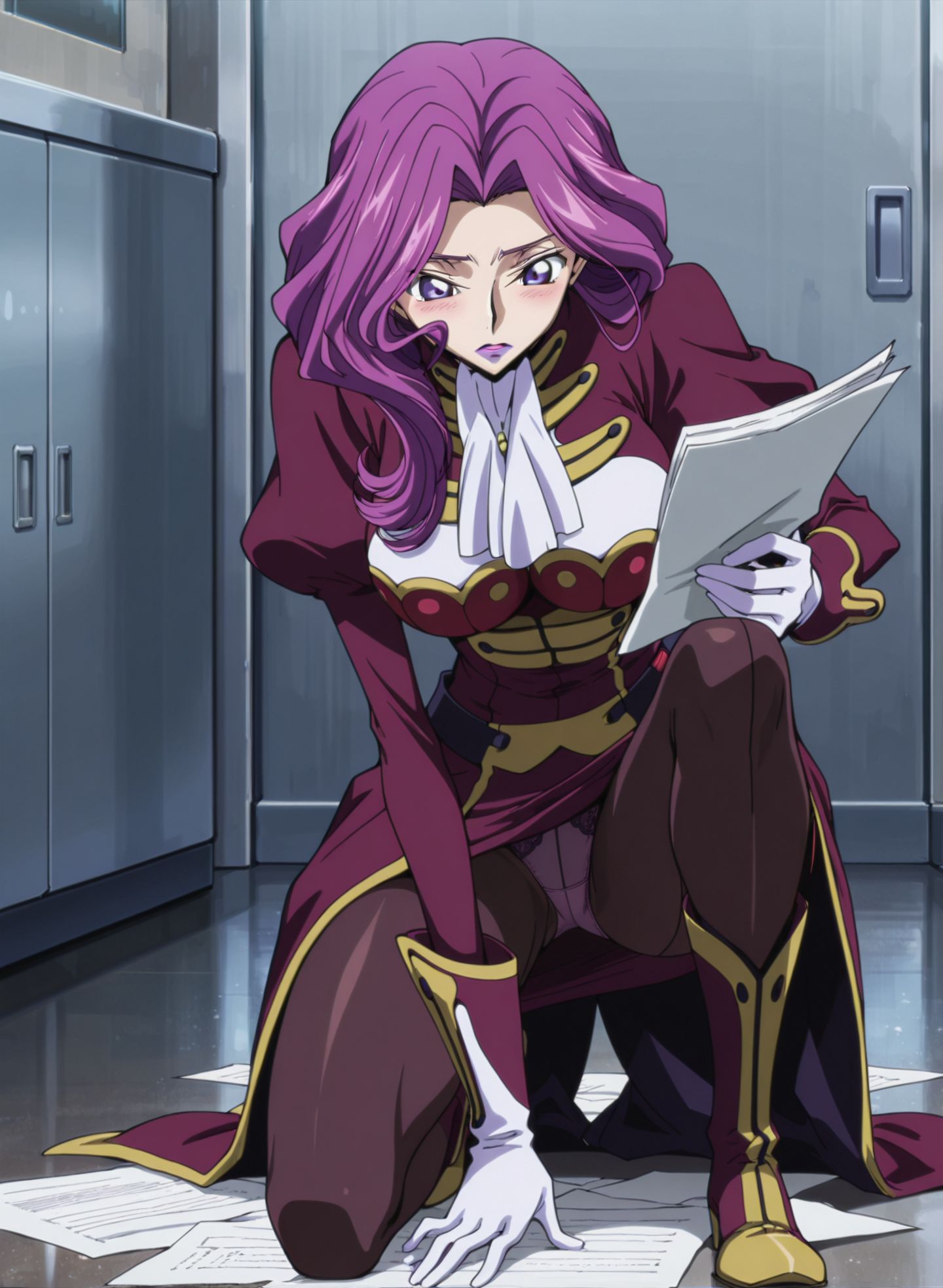 masterpiece,best quality,anime coloring,anime screenshot,
<lra:bra_peek:1>bra_peekV1,
1girl,pantyhose, blush,   solo, sexy panties, 
skirt,panties,  paper on ground,  kneel on one knee , 
panty shot, picking up  file, file,holding  paper ,
full body, looking down,  legs apart, 
mm,mature female,purple hair,purple eyes,lipstick,large breasts,anime coloring, s1,wavy hair,s1 uniform,ascot,gloves,boots,<lora:Cornelia_li_Britannia-Code_Geass:0.8>
code geass, official art,