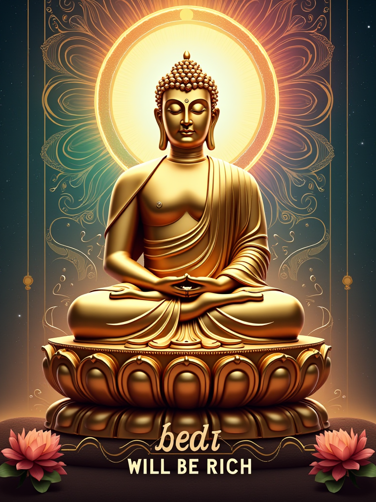 Revised Poster Design Concept: Golden Buddha Statue
Overall Style:

Luxurious and Serene with Vibrant Elements: The poster will showcase a Buddha statue made entirely of gold, emphasizing its metallic texture, but will now incorporate a colorful and intricate background to enhance visual appeal.
Buddha Statue Design:

Pose: The Buddha will remain in a classic seated pose, with a peaceful expression and gentle eyes, reflecting inner tranquility and wisdom.
Material Effect: The statue will have a smooth metallic finish, reflecting light to create a sense of opulence and divinity.
Background Design:

Colorful Aura: The background will feature a radiant, multi-colored aura surrounding the Buddha, reminiscent of traditional Buddhist art, incorporating shades of blue, pink, green, and yellow to symbolize enlightenment and positivity.
Complex Patterns: Integrate intricate mandala designs or swirling patterns in the background, adding depth and complexity to the overall visual.
Radiant Light:

Halo and Rays: Surrounding the Buddha, add a vibrant halo and dynamic rays of light in various colors, symbolizing wisdom and spirituality, enhancing the visual impact of the statue.
Text:

Phrase: At the bottom of the poster, maintain the phrase: "Whoever sees it will be rich."
Font Style: Use an elegant, bold font in a contrasting color, such as white or deep gold, ensuring it stands out against the colorful background.
Additional Elements:

Lotus Patterns: Incorporate detailed lotus motifs at the base of the statue or within the background, symbolizing purity and awakening, with a gradient of colors to match the overall theme.
Delicate Decorations: Add subtle geometric patterns or ornate golden embellishments in the background to enhance the overall artistic feel and richness of the design.
Overall Effect:
This revised poster will blend wealth and spirituality through the luxurious golden Buddha statue while incorporating vibrant colors and intricate designs to create a more dynamic and captivating visual. The colorful background and light effects will evoke a sacred atmosphere, while the text at the bottom reinforces the theme of prosperity. The overall design will not only attract viewers' attention but also inspire contemplation and a sense of awe.