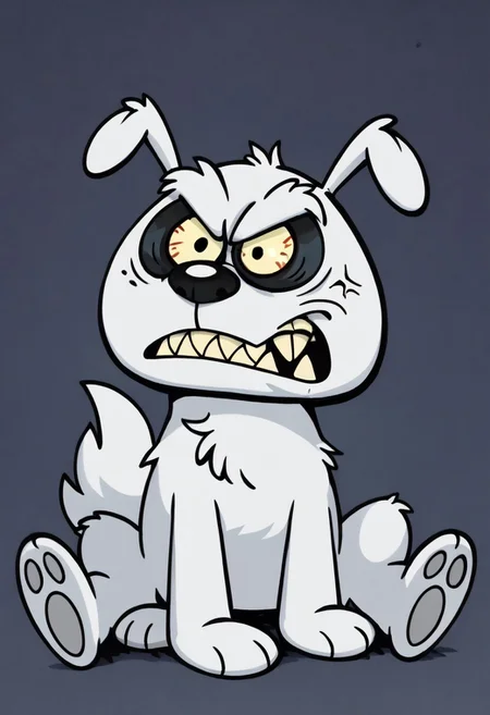 (score_9 | score_8_up | score_7_up) ((masterpiece:1))(best quality,very high quality,ultra detailed:1.2) (2D,cartoon style,anime style)(Smooth:2)(clean blurring) (four fingers on each hand,one thumb on each hand:1), solo, charles, dog, black spot on left eye, white fur, paw, dog paws, runaway brain, monstrous look, angry face, exagerated features, intense eyes, aggressie expression, hunched, menacing, sharp teeth, hunched over, full body