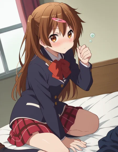score_9, score_8_up, score_7_up, source_anime,
shinkanibutani, <lora:shinka-nibutani-s2-ponyxl-lora-nochekaiser:1>,
shinka nibutani, long hair, brown hair, hair ornament, brown eyes, hairclip, one side up,
skirt, school uniform, jacket, plaid, kneehighs, plaid skirt, blazer, icho private high school uniform, blue blazer,
indoors, bed, bed room, on side, blush, drunk,
looking at viewer, cowboy shot, dutch angle, solo,