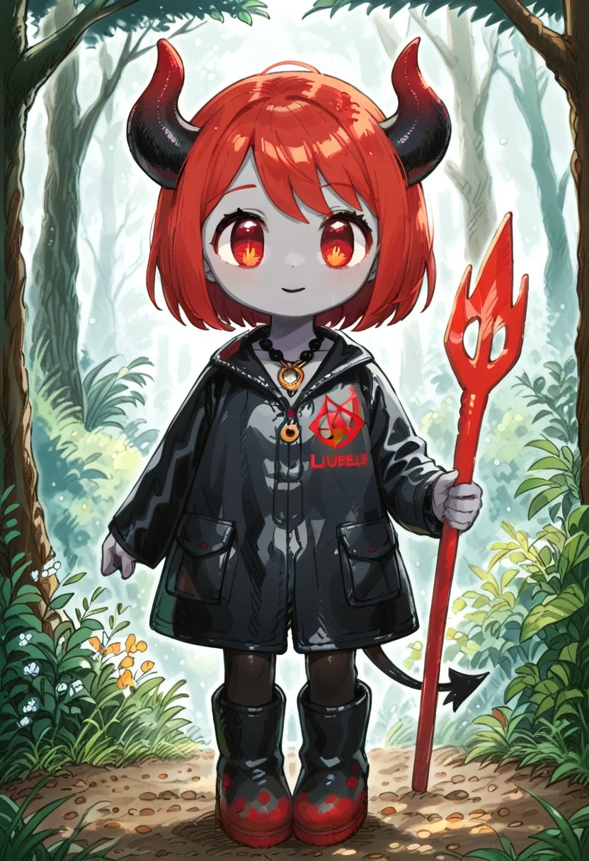 score_9, score_8_up, score_7_up, BREAK
highres, highly detailed, high resolution, high quality,
source_anime, anime screencap, saturation, vivid colors,
1girl, solo, luce, full body, standing, demon girl,
(dark red hair:1.2), (big dark red eyes:1.1), medium hair, cute, (grey skin:1.1), (horns:1.2),
(long black raincoat:1.1), black rubber boots,
pentagram necklace, holding one red trident,
cute, bokeh,
blurry background, forest background, path,
ALobelStyle illustration