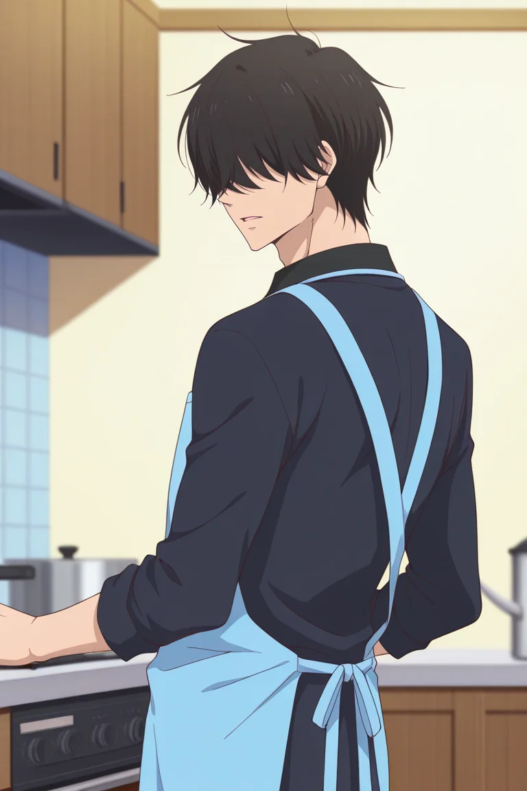 masterpiece, best quality, amazing quality,high resolution, intricate details,official style,depth of field,anime screencap,anime coloring , , , 1boy, solo, male focus, <lora:Nezu_Chuukichi:0.85>,nezu chuukichi,black hair,short hair,shirt, long sleeves,parted lips, from behind,blue apron, black shirt, hair over eyes,look back,indoors,kitchen