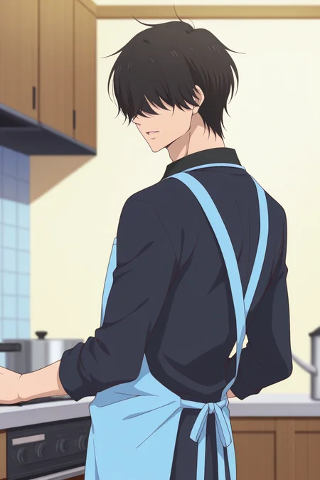 masterpiece, best quality, amazing quality,high resolution, intricate details,official style,depth of field,anime screencap,anime coloring , , , 1boy, solo, male focus, <lora:Nezu_Chuukichi:0.85>,nezu chuukichi,black hair,short hair,shirt, long sleeves,parted lips, from behind,blue apron, black shirt, hair over eyes,look back,indoors,kitchen