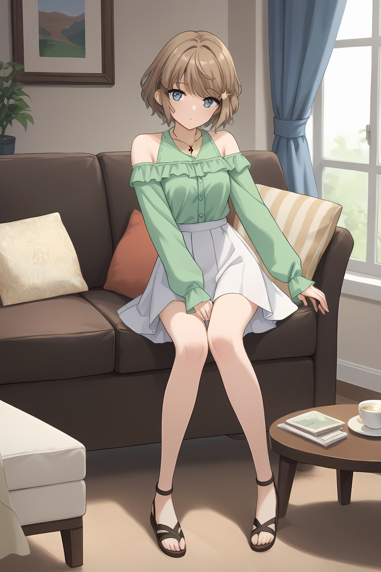 (green shirt bare shoulders long sleeves white skirt sandals:1.50), bgs-tomoe, brown hair, short hair, blue eyes, bangs, hairclip, star necklace,
medium breasts,
1girl, solo, skinny, (source_anime, score_9, score_8_up, score_8, score_7_up), score_7, score_6_up, score_6, score_5_up, score_5, 
(horny:1.10),
(living room:1.10),
(full body:1.20), (:1.10),
<lora:bgs-tomoe-V01-000003:0.60>