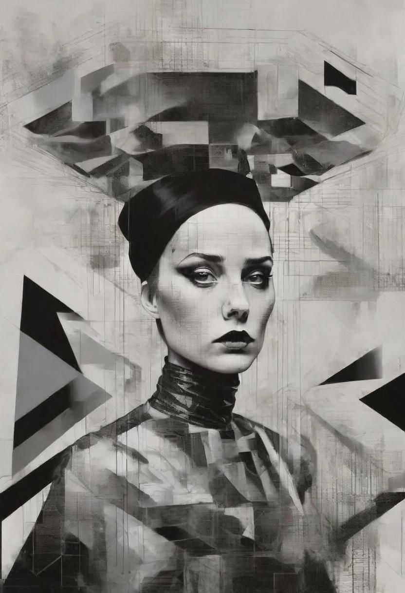 pop surrealism, rough crosshatch drawing pop art Lunatic_Portrait of a girl in latex, slick back, low bun, black makeup, sinister expression, intense glare, avant-garde, abstract, weird, geometric, constructivism, suprematism, rayonism, verticism, lineism, tj