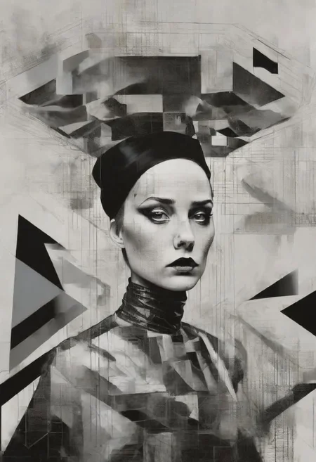 pop surrealism, rough crosshatch drawing pop art Lunatic_Portrait of a girl in latex, slick back, low bun, black makeup, sinister expression, intense glare, avant-garde, abstract, weird, geometric, constructivism, suprematism, rayonism, verticism, lineism, tj