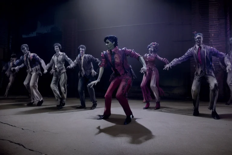 mjthriller group of zombies dancing in a dark alley, intricate detail, detailed face, very sharp, high quality, professional photography <lora:hjmjthriller_v10:0.9>