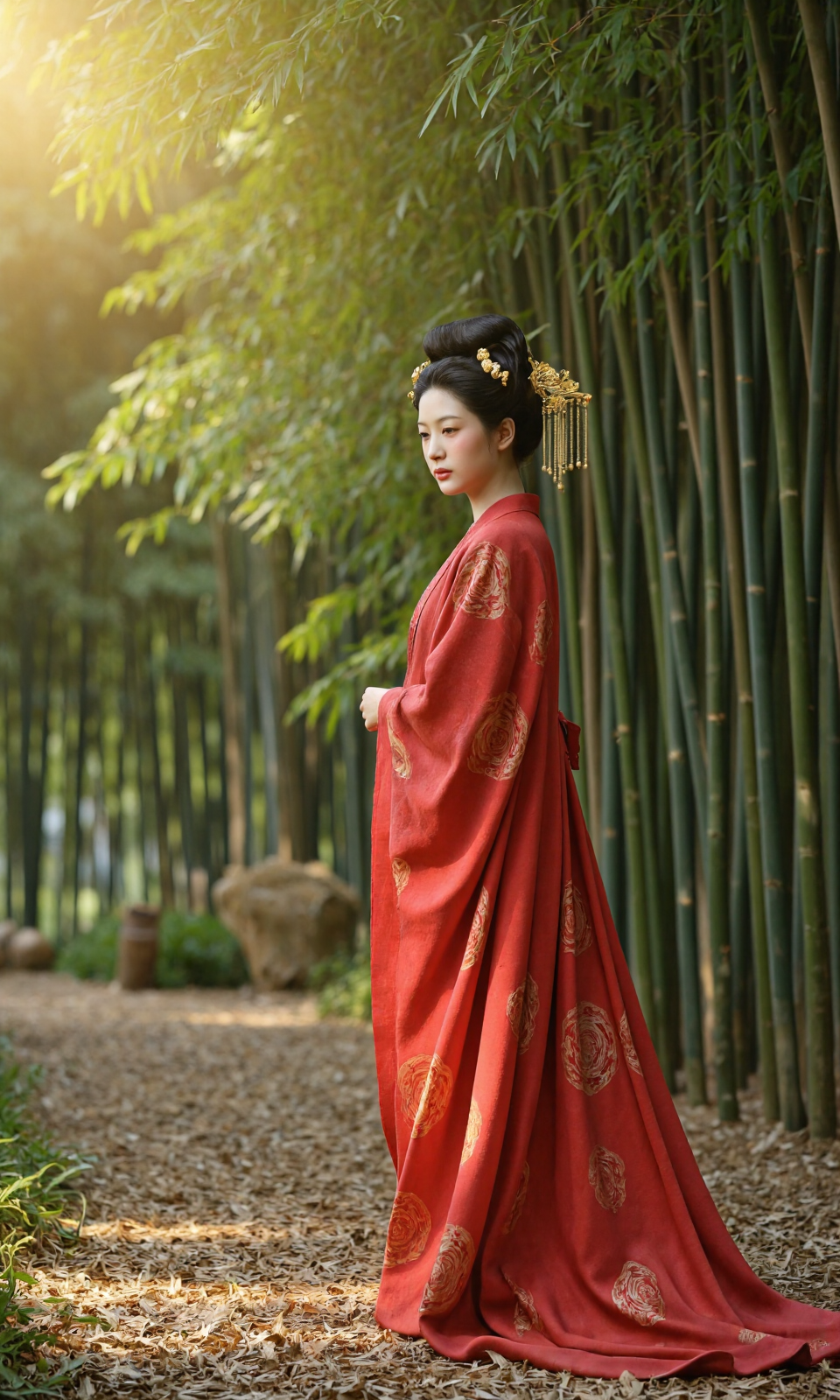 Top Atmosphere Photography Works, extremely realistic, Art by Zhang Jing, 

LYZ, PRINCESS, Ancient costume beauties,This is a highly detailed,high-resolution photograph of a young woman dressed in traditional East Asian clothing,possibly inspired by Chinese culture. She stands in a tranquil bamboo forest,bathed in soft golden light filtering through dense foliage. Her skin is fair with a slight flush,and her features are delicate,including a small pointed nose and full lips. Her hair is styled in a complex bun adorned with ornate hairpins and a small decorative wig worn at the back.,She wears a long,flowing red robe with intricate patterns that contrast sharply with the natural green surroundings. The robe is made of smooth,silky fabric that drapes elegantly over her body,emitting a soft,warm glow around her while allowing some light to pass through.,In the background is a lush bamboo forest with tall,slender bamboo stalks extending into the distance. The ground is covered with a layer of dry leaves and soil,adding a sense of nature and wilderness to the scene.,

(photorealistic:1.5), (Extremely realistic, masterpiece, top quality, official art, best quality, beautiful and aesthetic:1.2), 4k, 8k, very rich details, 24bit colors, vivid colors, cinematic color grading, landscape,