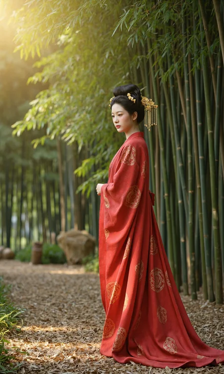 Top Atmosphere Photography Works, extremely realistic, Art by Zhang Jing,
LYZ, PRINCESS, Ancient costume beauties,This is a highly detailed,high-resolution photograph of a young woman dressed in traditional East Asian clothing,possibly inspired by Chinese culture. She stands in a tranquil bamboo forest,bathed in soft golden light filtering through dense foliage. Her skin is fair with a slight flush,and her features are delicate,including a small pointed nose and full lips. Her hair is styled in a complex bun adorned with ornate hairpins and a small decorative wig worn at the back.,She wears a long,flowing red robe with intricate patterns that contrast sharply with the natural green surroundings. The robe is made of smooth,silky fabric that drapes elegantly over her body,emitting a soft,warm glow around her while allowing some light to pass through.,In the background is a lush bamboo forest with tall,slender bamboo stalks extending into the distance. The ground is covered with a layer of dry leaves and soil,adding a sense of nature and wilderness to the scene.,
(photorealistic:1.5), (Extremely realistic, masterpiece, top quality, official art, best quality, beautiful and aesthetic:1.2), 4k, 8k, very rich details, 24bit colors, vivid colors, cinematic color grading, landscape,