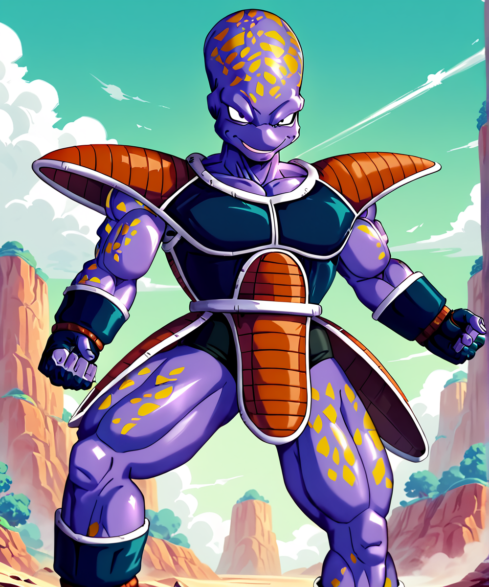 (score_9:1.56),score_8_up,score_7_up,
<lora:Appule_(Dragonball Z)_(Pony)_(AD):1> appule, purple skin with yellow spots, alien, colored skin, armor, gloves, eye scouter, short, dragonball z, muscular, short, male, evil, gloves, boots, <lora:add-detail-xl:0.4> <lora:Chiaroscuro Lighting Style:0.4> <lora:wowifierXL:0.4> art by mooncryptowow <lora:sdxl_lightning_8step_lora:0.4> <lora:Dragon_Ball_Background_Pony_XL:0.15> <lora:dbsuper_style_offset:0.5> <lora:Selection_Dragon_Ball:0.15> <lora:Selection_Characters_of_Dragon_Ball:0.15> 
menacing, head tilted to the side, torso turning, perfect hands, Frieza Force style armor, hyper elite member of the Frieza Force,  asymmetric, turning body to viewer, dense city center, Dragonball Z style Capsule Corp buildings, supertall skyscrapers, green sky, fighting pose, solo, rim lighting, 
BREAK zPDXL, zPDXLxxx,