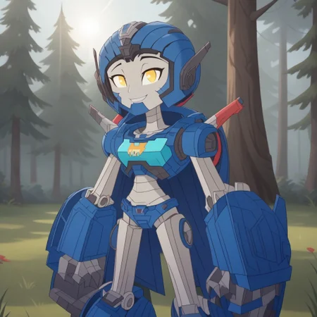 score_9, score_8, BREAK, solo, Whirl_(Transformers), 1girl, autobot, autobot logo on chest, yellow eyes, glowing eyes, alien girl, robot, robot girl, humanoid robot, mecha, self portrait, smile, looking at viewer, outdoors, sunlight, shadows, evening lighting, natural lighting, forest, trees, grass, orange sky, sunset