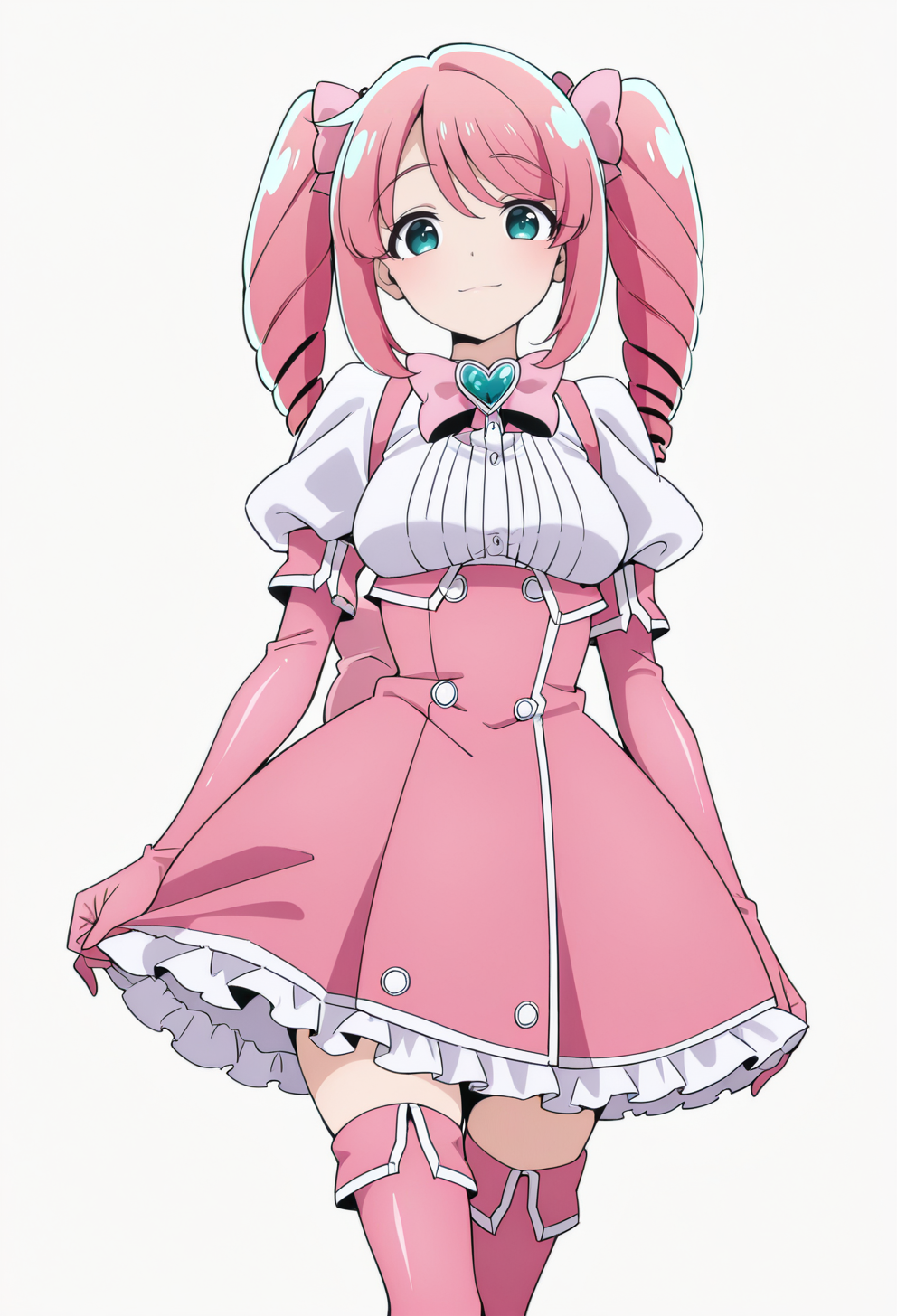 masterpiece, best quality,
1girl, solo,
standing,
looking at viewer, light smile,
simple background, white background,
 <lora:Magia_Magenta:1> M4g14M4g3nt4, pink hair, drill hair, twintails, aqua eyes, 
bow, pink gloves, elbow gloves, thighhighs, puffy sleeves, short sleeves, frills, skirt, dress,