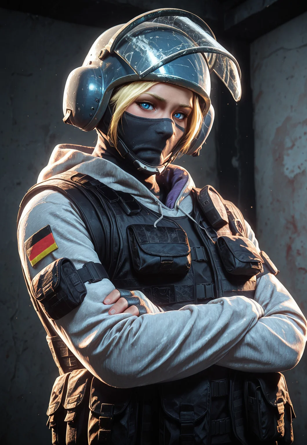 masterpiece, best quality, BREAK, dynamic angle, 1girl, solo, iqr6s, blonde hair, helmet, balaclava, face shield, bulletproof vest, blue eyes, hoodie, fingerless gloves, arms crossed, looking at viewer,