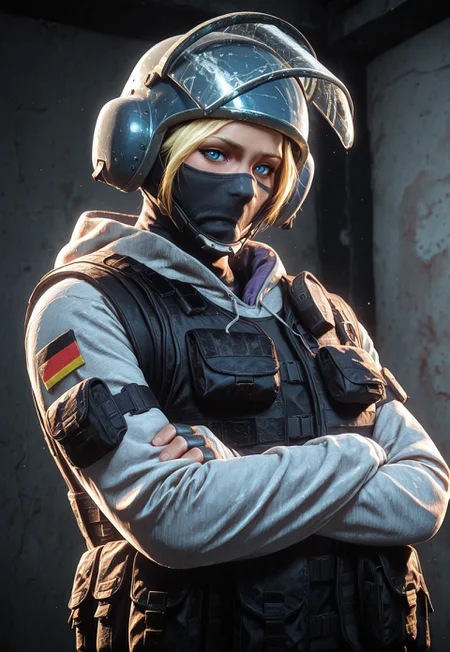 masterpiece, best quality, BREAK, dynamic angle, 1girl, solo, iqr6s, blonde hair, helmet, balaclava, face shield, bulletproof vest, blue eyes, hoodie, fingerless gloves, arms crossed, looking at viewer,