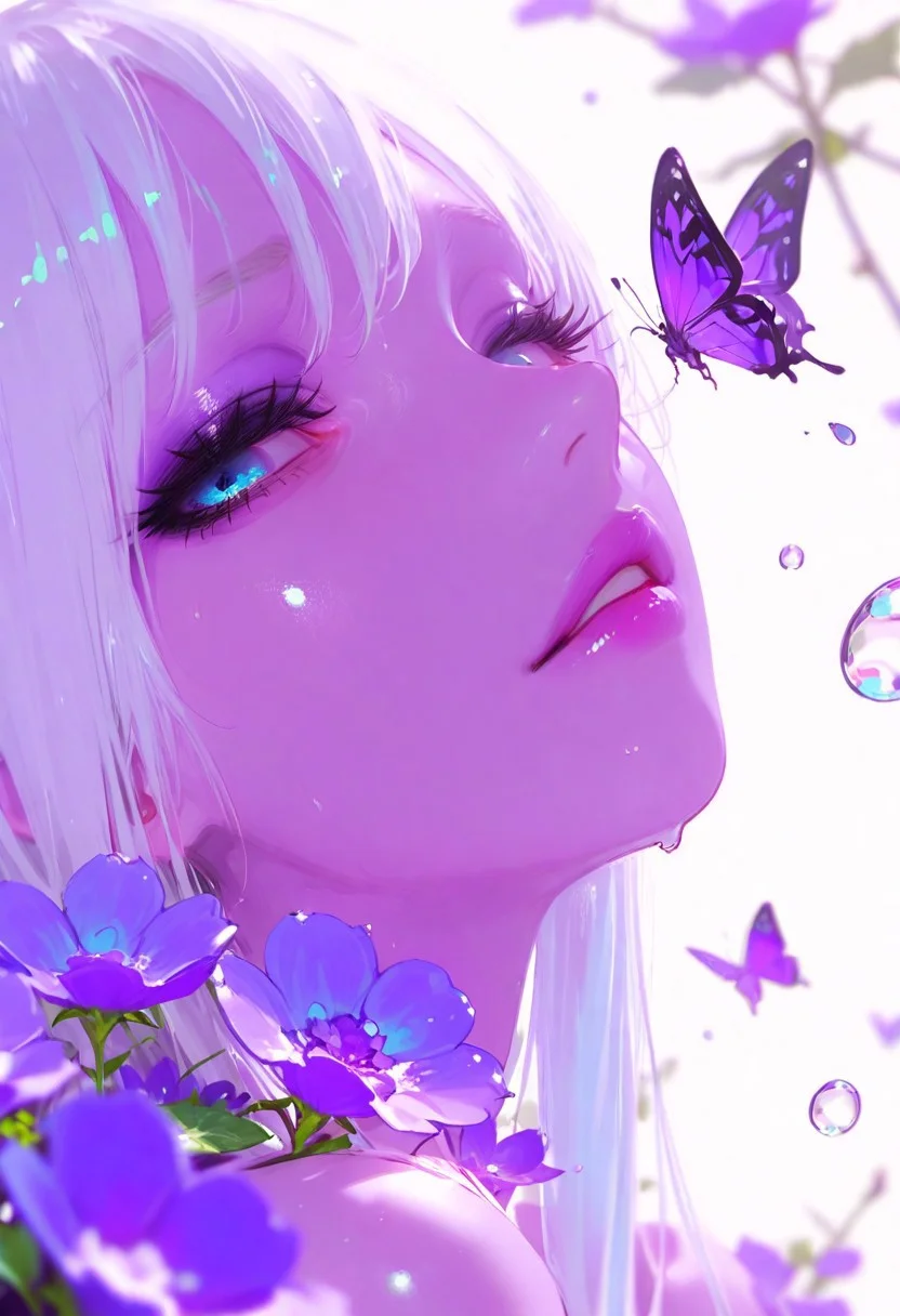 masterpiece, best quality, good quality, newest, highres, absurdres, volumetric lighting,gradient color,
BREAK 
raytracing, volumetric lighting, ambient occlusion, girl, masterpiece, best quality, very awa, absurdres, 
BREAK
model style,
 evil eyes, evil, bullying, sinister, 
BREAK
masterpiece,amazing quality,best quality,ultra-detailed,8K,illustration,CG,shiny hair,clear skin,ultra-detailed-eyes, detailed background,cute girl, eyelashes, (wlop:0.3),  epic,
BREAK
1girl, solo, long hair, blue eyes, white hair, flower, parted lips, eyelashes, lips, makeup, depth of field, portrait, looking at viewer, bug, lipstick, butterfly, close-up, eyeshadow, purple flower, bubble, purple theme, water drop, nose, realistic, purple butterfly, mascara, sidelighting,