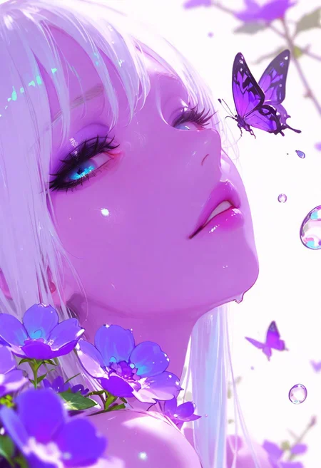 masterpiece, best quality, good quality, newest, highres, absurdres, volumetric lighting,gradient color,
BREAK 
raytracing, volumetric lighting, ambient occlusion, girl, masterpiece, best quality, very awa, absurdres, 
BREAK
model style,
 evil eyes, evil, bullying, sinister, 
BREAK
masterpiece,amazing quality,best quality,ultra-detailed,8K,illustration,CG,shiny hair,clear skin,ultra-detailed-eyes, detailed background,cute girl, eyelashes, (wlop:0.3),  epic,
BREAK
1girl, solo, long hair, blue eyes, white hair, flower, parted lips, eyelashes, lips, makeup, depth of field, portrait, looking at viewer, bug, lipstick, butterfly, close-up, eyeshadow, purple flower, bubble, purple theme, water drop, nose, realistic, purple butterfly, mascara, sidelighting,