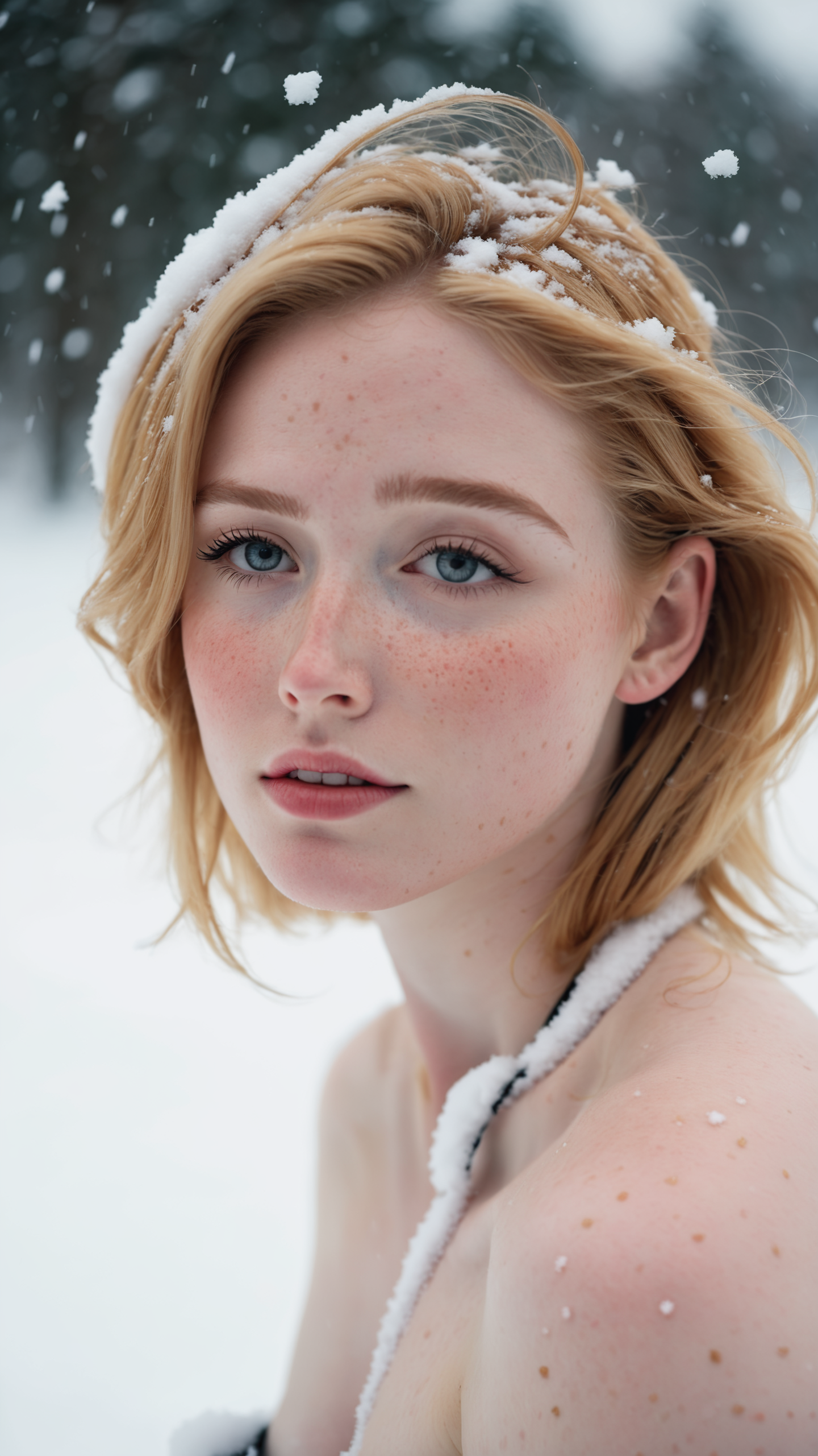 photograph of a cute girl, blonde hair, pale skin, freckles, blush, (topless:1.1), innocentl, snowfall, Porta 160 color, shot on ARRI ALEXA 65, bokeh, sharp focus on subject, shot by Don McCullin, nsfw
