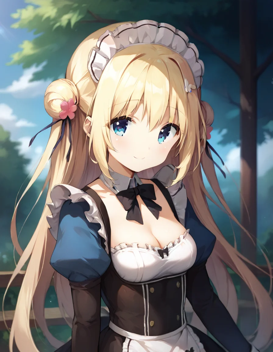 score_9,score_8_up,score_7_up,score_6_up BREAK official art,solo,outdoors,smile,upper body,(portrait:1.5),looking at viewer,facing viewer,Komari Yui,maid headdress,blonde hair,very long hair,double bun,hair flower,hair ornament,frills,sidelocks,bangs,blue eyes,maid,black bow,puffy detached sleeves,long sleeves,cleavage,small breasts,skirt,zettai ryouiki,black thighhighs,loafers,<lora:Komari Yui(ksak)-Pony:1.2>,<lora:Smooth Anime Style LoRA XL:0.8>,