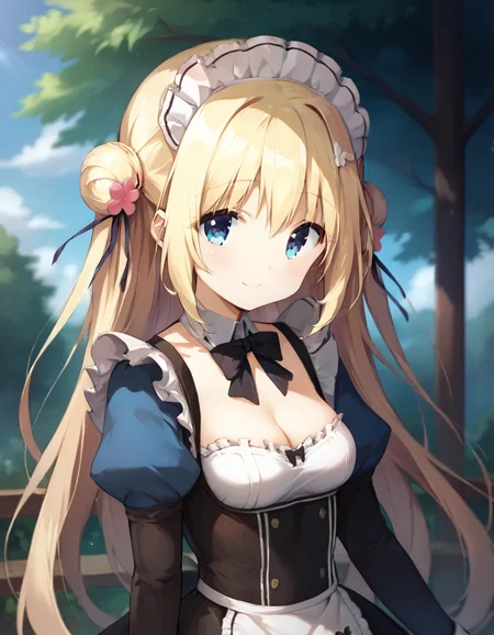 score_9,score_8_up,score_7_up,score_6_up BREAK official art,solo,outdoors,smile,upper body,(portrait:1.5),looking at viewer,facing viewer,Komari Yui,maid headdress,blonde hair,very long hair,double bun,hair flower,hair ornament,frills,sidelocks,bangs,blue eyes,maid,black bow,puffy detached sleeves,long sleeves,cleavage,small breasts,skirt,zettai ryouiki,black thighhighs,loafers,<lora:Komari Yui(ksak)-Pony:1.2>,<lora:Smooth Anime Style LoRA XL:0.8>,