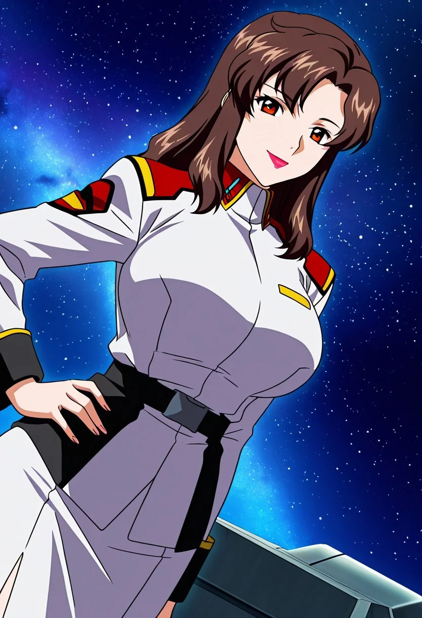general,highres, ultra-detailed,very aesthetic,best quality ,best hands,best eyes,easynegative,
dynamic anglre, dutch angle, anime cloring,anime screencap,
1girl solo,looking at viewer,space ship,hand on hip,smile,
Murrue Ramius,blrown hair,long hair,amber eyes,lipstick,huge breasts,militaly uniform