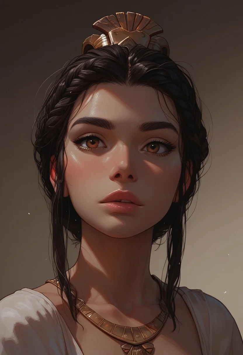 (score_9, score_8_up, score_7_up). ( line work, excellent drawing, highest quality, extremely detailed:1.2). 1woman, Greek Goddess Hera, perfect face, beautiful brown eyes, long lashes, dark hair, princess braid, glossy lips, ancient greek dress, g0thicPXL, romantic, cinematic lighting, volumetric lighting, motion effects, source_cartoon