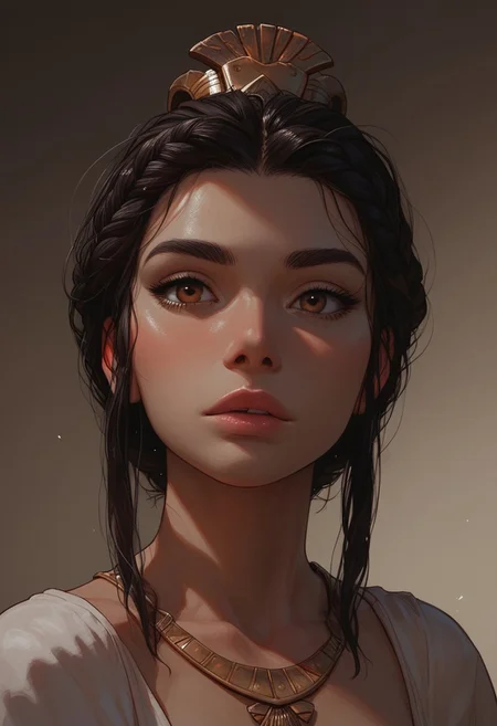 (score_9, score_8_up, score_7_up). ( line work, excellent drawing, highest quality, extremely detailed:1.2). 1woman, Greek Goddess Hera, perfect face, beautiful brown eyes, long lashes, dark hair, princess braid, glossy lips, ancient greek dress, g0thicPXL, romantic, cinematic lighting, volumetric lighting, motion effects, source_cartoon