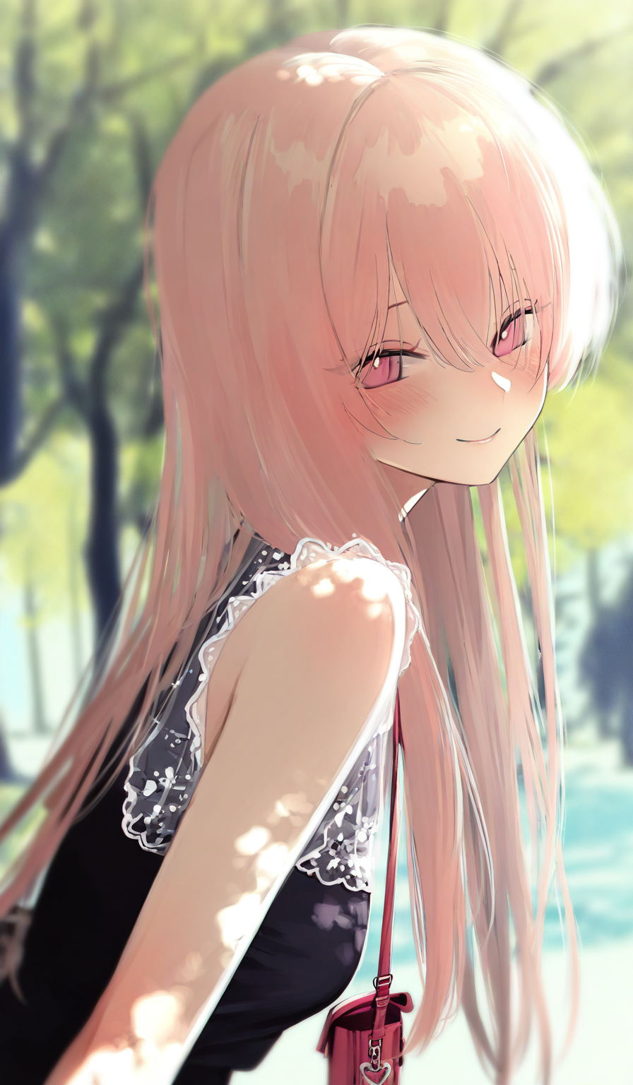 <lora:HonnryouHanaru-Style>,
highres,absurdres,newest,very awa,masterpiece,best quality,year 2024,
(upper body:1.6),
1girl,solo,long hair,outdoors,looking at viewer,smile,blurry background,blurry,sleeveless,upper body,pink eyes,tree,bag,hair between eyes,day,black dress,dress,blush,shirt,