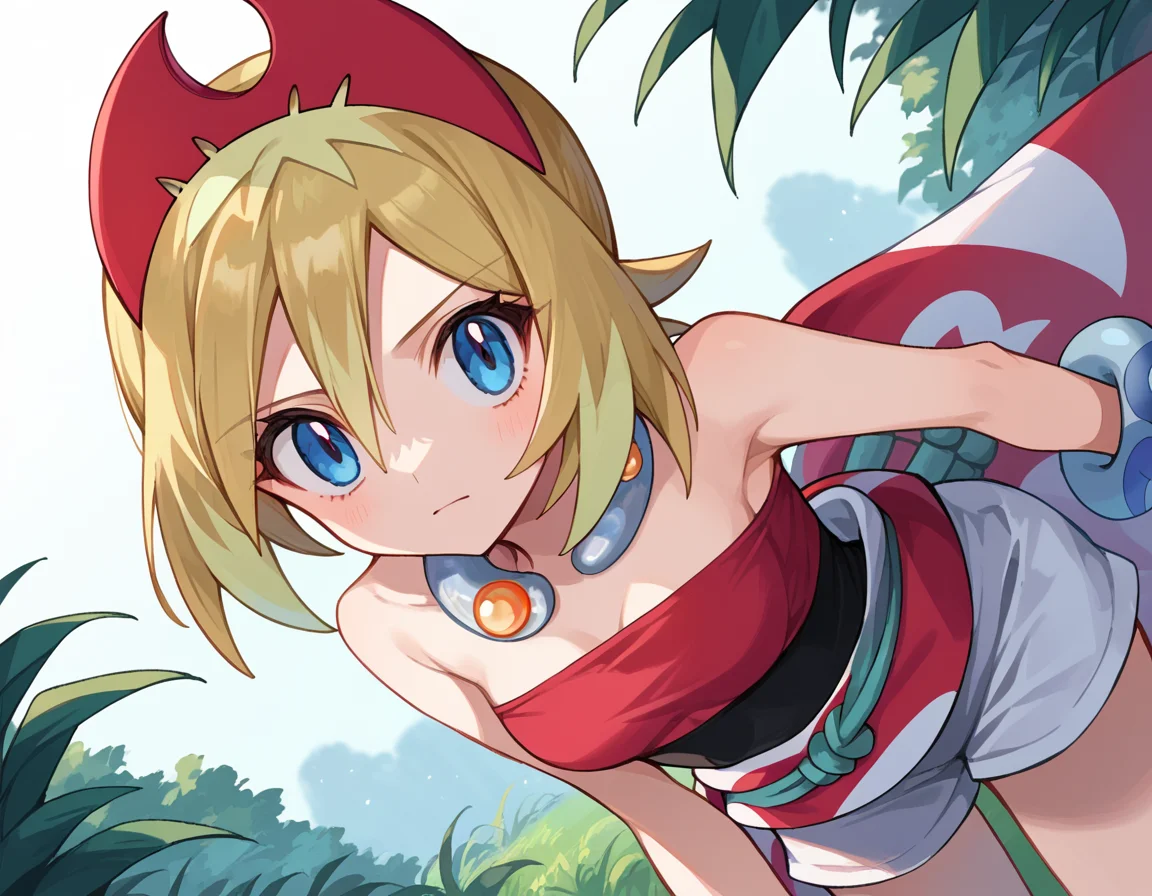 score_9, score_8_up, score_7_up, source_anime,
pokemonirida, <lora:pokemon-irida-ponyxl-lora-nochekaiser:1>
pokemonirida, blonde hair, blue eyes, hair between eyes, medium hair,
bracelet, hat, jewelry, neck ring, red headwear, red shirt, sash, shirt, shorts, strapless, strapless shirt, waist cape, white shorts,
outdoors, nature, bent over,
looking at viewer, cowboy shot, dutch angle,