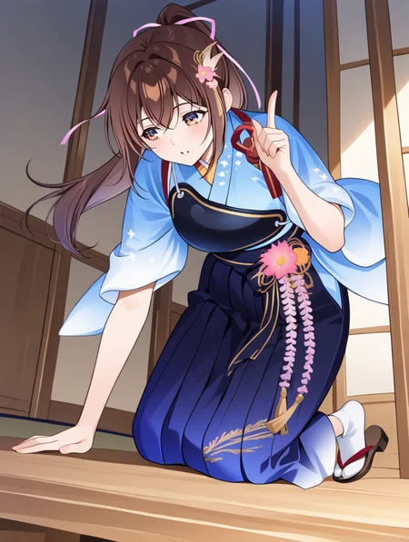 perfect quality,best quality,absolutely eye-catching,ambient occlusion,raytracing BREAK
1girl,<lora:houkyuu IL v1.1:1>,houkyuu,brown hair,ponytail,hair ornament,blue japanese clothes,blue print hakama,wide sleeves,muneate,flower,wide sleeves,solo,zouri,tabi,, from below, looking away,face_focus,leaning_forward,index_finger_raised,stretch,all_fours,