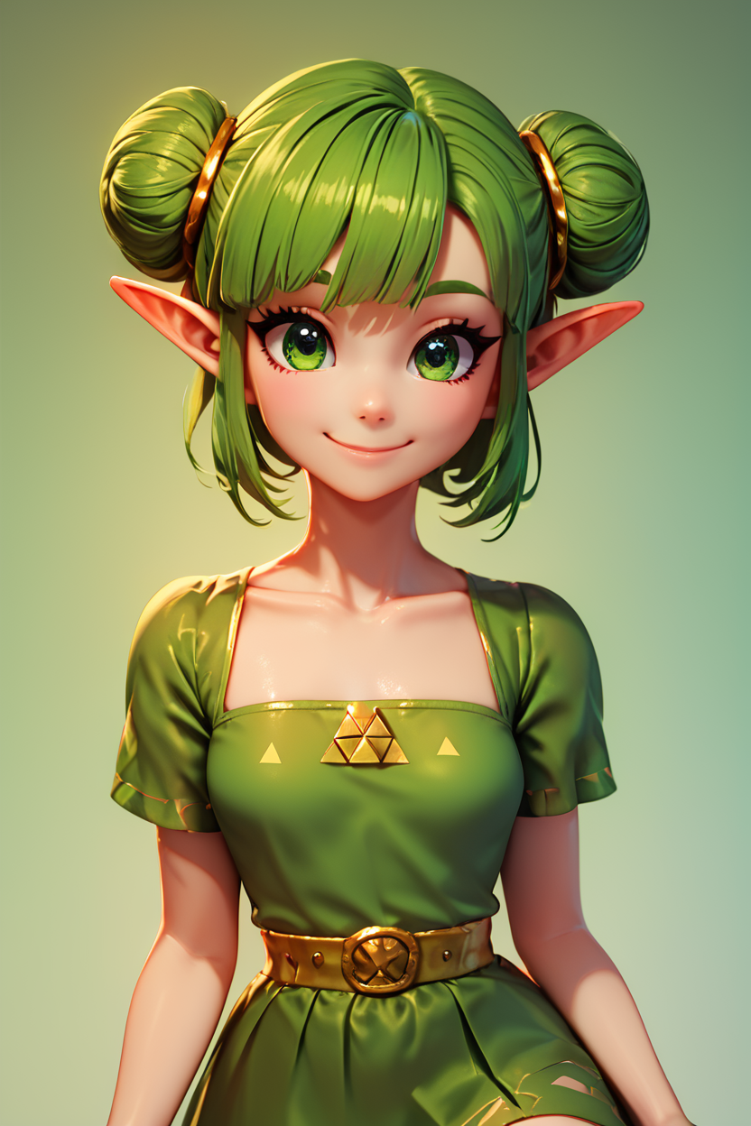 score_9, score_8_up, score_8, medium breasts, (curvy), cute, eyelashes,       BREAK, , zzFarore, green eyes, green hair, double bun, pointy ears,  bangs, green dress, collarbone, short sleeves  <lora:Farore_Zelda_PDXL:0.6>, , BREAK, smile, closed mouth, looking at viewer, cowboy shot, embedding:zPDXL, Expressiveh, <lora:BeautifulCAT_PDXL:1.0>,  <lora:SDXLFaeTastic2400:0.5>,  <lora:Expressive_H-000001:0.4>,