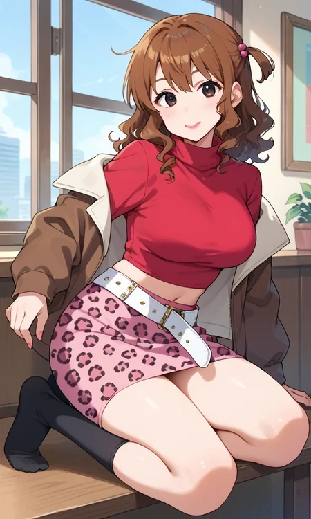 (1girl:1.5), (solo:1.3), (score_9, score_8_up, score_7_up, score_6_up, score_5_up, score_4_up), (source_anime), rating_questionable,
<lora:kutsuzoko-atsuko_v3:0.8> (kutsuzoko-atsuko), (hair between eyes, black eyes, one side up, hair beads, brown hair, medium hair, curly hair, pink lips, lipstick), (large breasts), (brown jacket, cropped jacket, red shirt, turtleneck, white belt, loose belt, pink skirt, miniskirt, pencil skirt, animal print skirt, leopard print skirt), black socks, indoors, smile, looking at viewer, full body, window,