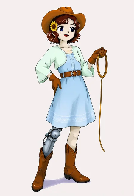 watercolor, aesthetic, colorful, jaggy lines, zun \(style\), BREAK, 1girl, solo, (short, flat chest, small body, freckles, dark brown hair, short hair, wavy hair, blue eyes, cowboy hat, (sunflower in hair), green blouse, long sleeves, blue summer dress, leather belt, brown cowboy boots,, leather gloves, holding lasso (amputee, prosthetic leg, below knee prosthesis)), standing, full body, one hand on hip, laughing, simple background