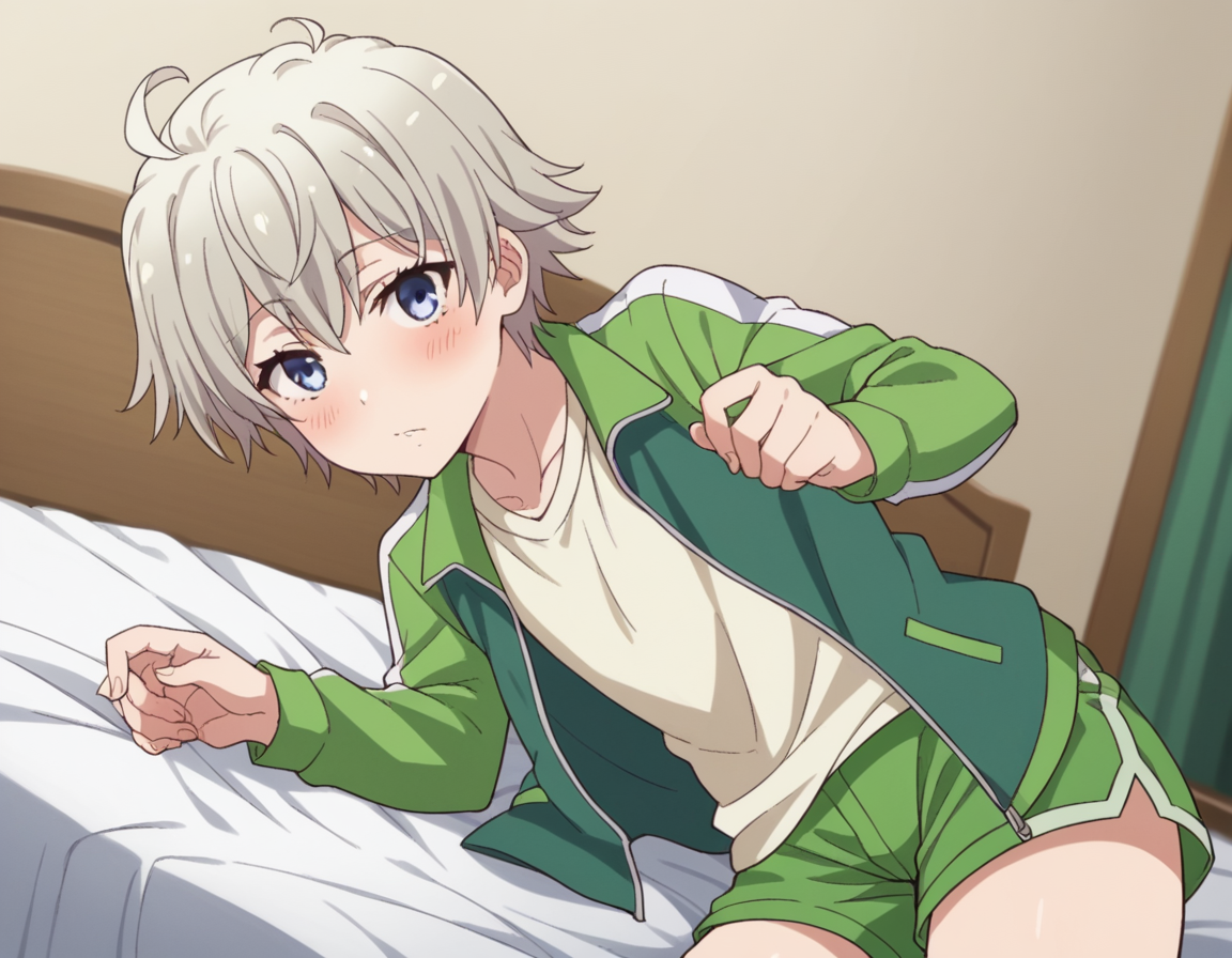 score_9, score_8_up, score_7_up, source_anime,
saikatotsuka, <lora:saika-totsuka-s2s3-ponyxl-lora-nochekaiser:1>,
saika totsuka, blue eyes, ahoge, grey hair, androgynous,
jacket, green jacket, shirt, white shirt, open jacket, shorts, green shorts, raglan sleeves,
indoors, bed, bed room, on side, blush, drunk,
looking at viewer, cowboy shot, solo, dutch angle,