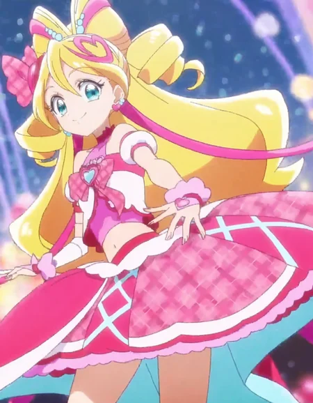 score_9, score_8_up, score_7_up,source anime,absurdres, anime screencap,solo,1girl,cureidol, pink skirt, smile, skirt, jewelry, earrings, navel, looking at viewer, pink bow, midriff, magical girl, bow, heart, plaid, hair ornament, idol ,cowboy shot,medium breasts,<lora:cureidol_pony:0.8>