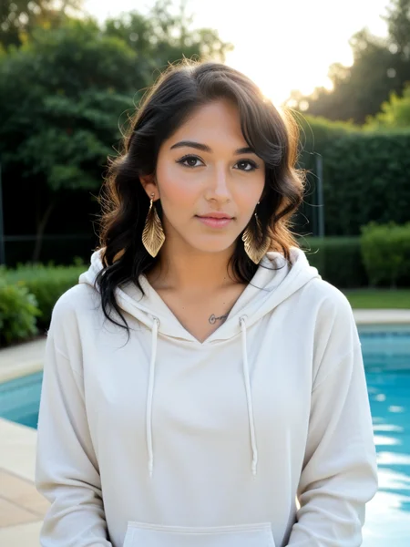 face focused, magic hour, photography, warm light, sunset, movie still, ultra detailed, portrait, BREAK
score_9, score_8_up, score_7_up, Jan3M4rie, Jane Marie, <lora:Jan3M4rie-pony:1>, solo, pool, 1girl, hoodie, black hair, outdoors, jewelry, realistic, bokeh, focus, film, velvia, film grain, best quality, photograph, focus, earrings, garden