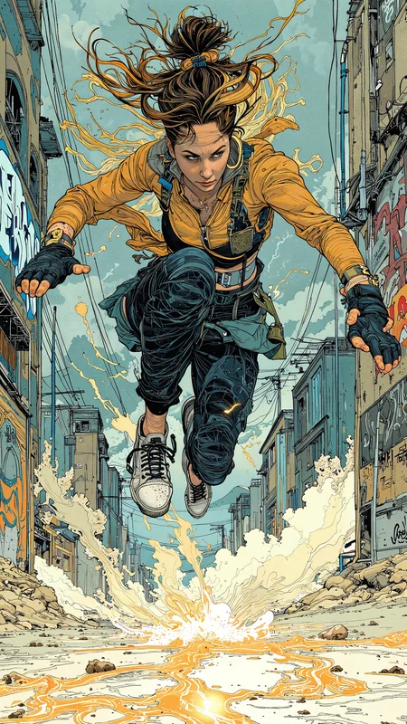 High-energy illustration of a determined woman mid-air in a powerful jump kick, muscles tensed, expression fierce with focused eyes. Wearing a sleek athletic outfitâcompression leggings, sports bra, fingerless glovesâhair tied in a high ponytail, strands flying with her motion. Urban training ground with graffiti-covered walls, motion blur emphasizing speed, dust and sparks kicking up on impact. dynamic foreshortening, muted colors with neon highlights, fluid motion lines <lora:Illustration_Style_IV:0.7000000000000001> <lora:Blue_Future:1.0>