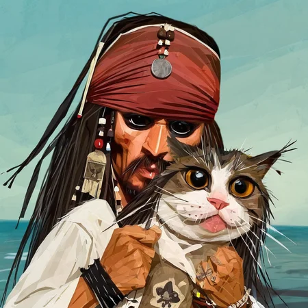 surprised Captain Jack Sparrow with a bandana on his head, holding the fat cat in his hands, caricature, albeniz rodriguez style <lora:albeniz-rodriguez-style-v2:0.7>