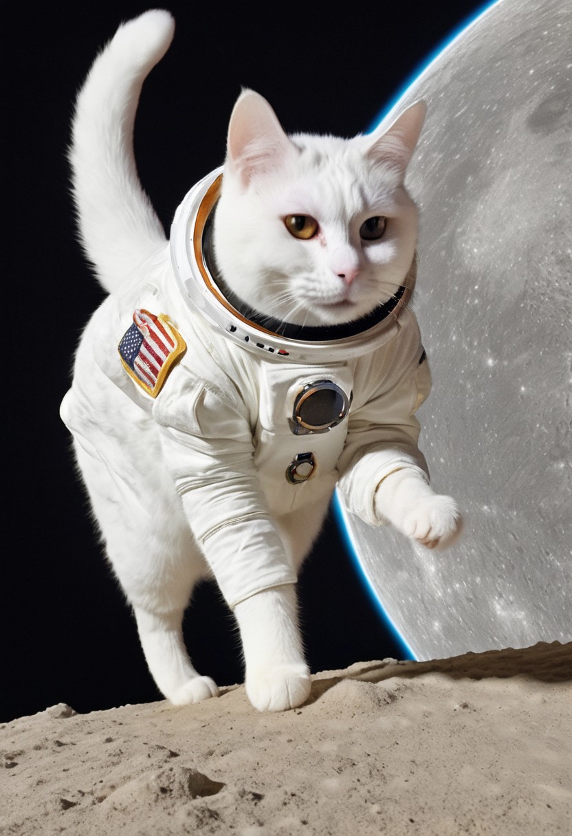 GrubCat, (white cat dressed like a astronaut), wearing astronaut suit, wearing astronaut helmet, jumping on the moon, in space, heterochromia, enhanced textures, creative, beautiful, vibrant, masterpiece, 8k, Ultra HD, amazing details, amazing quality, amazing artist, sharp edges, detailed textures, full view, atmospheric lighting, amazing visuals