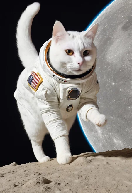GrubCat, (white cat dressed like a astronaut), wearing astronaut suit, wearing astronaut helmet, jumping on the moon, in space, heterochromia, enhanced textures, creative, beautiful, vibrant, masterpiece, 8k, Ultra HD, amazing details, amazing quality, amazing artist, sharp edges, detailed textures, full view, atmospheric lighting, amazing visuals