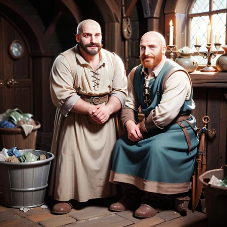 score_9, score_8_up, score_7_up, 8k, (very detailed), medieval tapestry style, high detailed texture, high depth of field, photo-realistic, bald male, (((trash Hobbit))), (hobbit), ((traveling merchant in video game)), enchanted, medieval setting, very detailed, candle lighting, a shaved head. no hair on top of head, husky, has a (((beard similar to Abe Lincoln))) ((without a mustache)) but a Nordic face. The beard does not cover the prominent dimples on his cheeks. deep blue eyes, framed by long eyelashes. His cheeks are adorned with big dimples. Full body, (Gnome, short stature), Perfect Hands, perfecteyes, trashpeople