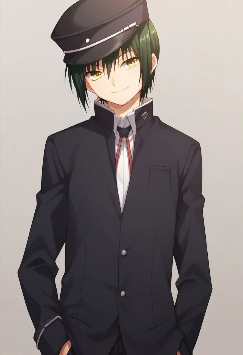 score_9, score_8_up, score_7_up, source_anime, highly detailed,
ayato, 1boy, male focus, hat, green hair, solo, school uniform, yellow eyes, hand in pocket, gakuran, smile,
indoor,
