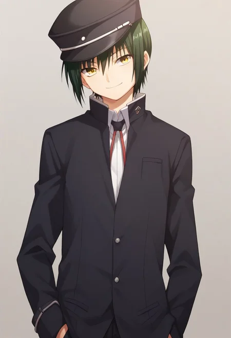 score_9, score_8_up, score_7_up, source_anime, highly detailed,
ayato, 1boy, male focus, hat, green hair, solo, school uniform, yellow eyes, hand in pocket, gakuran, smile,
indoor,