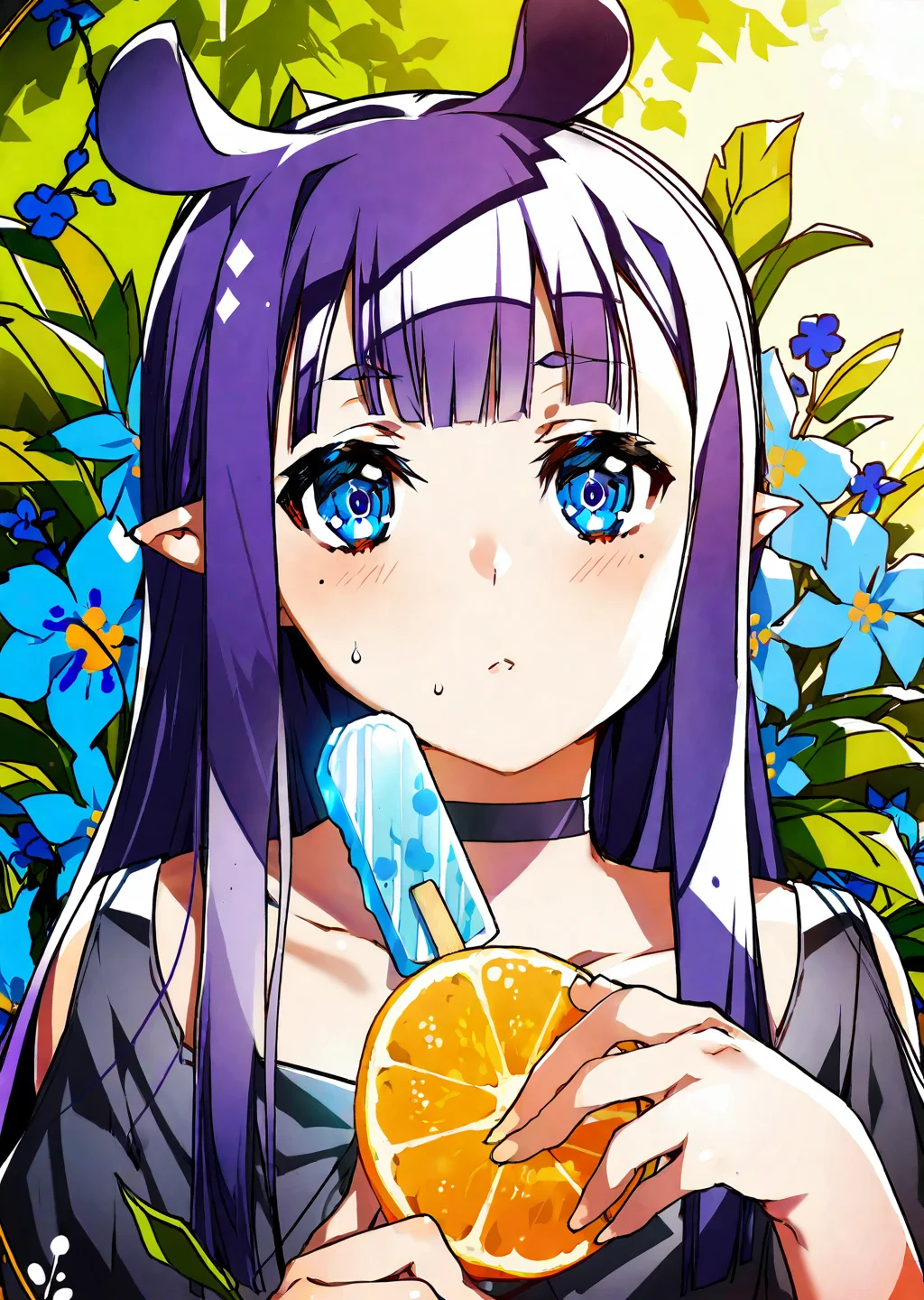 ninomae ina'nis, 1girl, virtual youtuber, popsicle, food, long hair, pointy ears, solo, sidelocks, mole under eye, bangs, purple hair, tentacle hair, multicolored hair, orange hair, gradient hair, blunt bangs, flower, mole, looking at viewer, blue flower, blue eyes, holding, very long hair, holding food, blush, eating, upper body, choker, animal ears
by bunbun, graident
