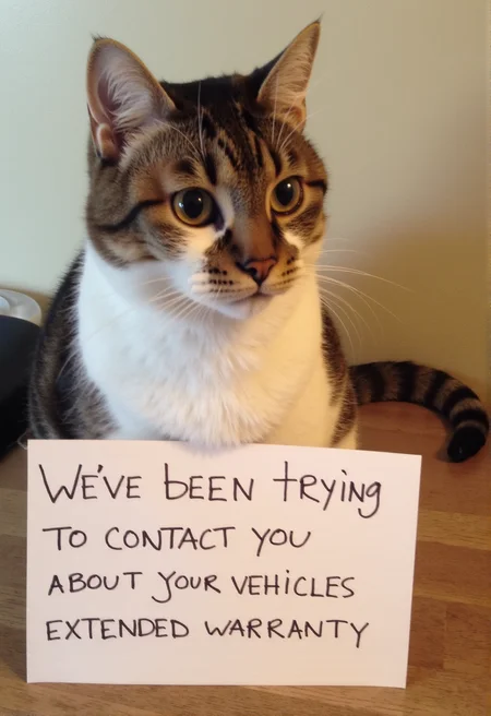 sh4m3, a high-resolution photo of a cat with a sign in front of it that says: "Weve been trying to contact you about your vehicles extended warranty" <lora:Meme_soph-CatShame-FLUX:1>
