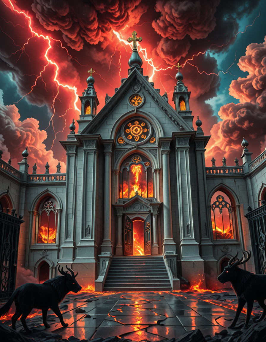 A once-majestic celestial temple, now under siege by the forces of Hell. The grand white stone structure is cracked and scorched, its golden crosses twisted and broken. The stained-glass windows, once glowing with warm divine light, are now shattered, with demonic symbols glowing ominously in their place. The sky, once a serene blue, is now consumed by dark storm clouds, swirling with red lightning and thick smoke.
Black, jagged chains extend from the sky, wrapping around the temple as if trying to pull it down into the abyss. The once-fluffy clouds beneath the structure are now a chaotic mix of fire, ash, and dark mist, with glimpses of molten lava cracks below. Infernal creatures with glowing red eyes lurk in the shadows, their silhouettes barely visible through the smoke and fire.
The temple doors are blown open, revealing an eerie red glow emanating from within, as if Hell itself is consuming the sacred space. Massive demonic runes are etched into the stone, pulsating with an unholy energy. The entire scene is bathed in a deep crimson and orange glow, giving it an apocalyptic and nightmarish atmosphere.
Style & Lighting:
- Dark fantasy, highly detailed
- Dramatic, high-contrast lighting with fiery glows
- Cinematic composition, epic scale
- Strong use of shadows, embers, and atmospheric foghighly detailed and atmospheric view from inside a massive birdcage, large enough for a human to stand inside. The cage is made of ornate, aged metal bars with intricate Victorian-style patterns, curving elegantly towards the domed ceiling. Sunlight filters through the gaps between the bars, casting long, dramatic shadows on the wooden floor. Delicate vines and small flowers have begun to grow around the bars, adding a touch of nature reclaiming the space. The background beyond the cage is blurred, hinting at a lush garden or a mysterious, abandoned mansion. The ambiance is serene yet slightly melancholic, with warm golden light illuminating dust particles floating in the air. Soft feathers are scattered on the floor, adding to the sense of quiet abandonment. The perspective makes the viewer feel as if they are inside the cage, looking outward, surrounded by both beauty and confinement. The style is highly detailed and realistic, with a cinematic and slightly surreal atmosphere.
<lora:SDXLFaeTastic2400:0.4> <lora:extremely_detailed:0.4> extremely detailed 
<lora:evil_celestial_t3mpl3-i:1> evil celestial t3mpl3, Masterpiece,best quality,hi res,8k,hi res,8k,award winning,(sharp focus, intricate, highly detailed),