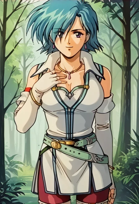 score_9, score_8_up, score_7_up, source_anime, BREAK 1girl, cowboy shot, looking at viewer, smile, hand on own chest, <lora:LuciaFE-pdxl:1> dawnLucia, short hair, hair over one eye, white jacket, sleeveless, cleavage, necklace, white elbow gloves, fingerless gloves, bangle, belt, red pantyhose, thigh boots, <lora:FeOva-pdxl_Fp:1> retro artstyle, forest