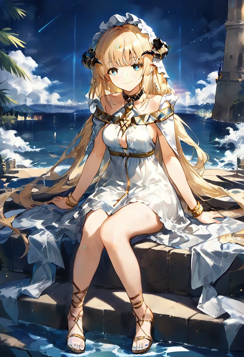 score 9, score 8 up, score 7 up, rating questionable,detailed background,aroused,cinematic lighting,dynamic lighting, source_anime,
1girl,solo,long hair,sitting,dress,very long hair,white dress,jewelry,blonde hair,looking at viewer,bangs,horns,blue eyes,full body,breasts,water,smile,bracelet,sandals,bare legs,sky,nightingale \(arknights\),alternate costume,